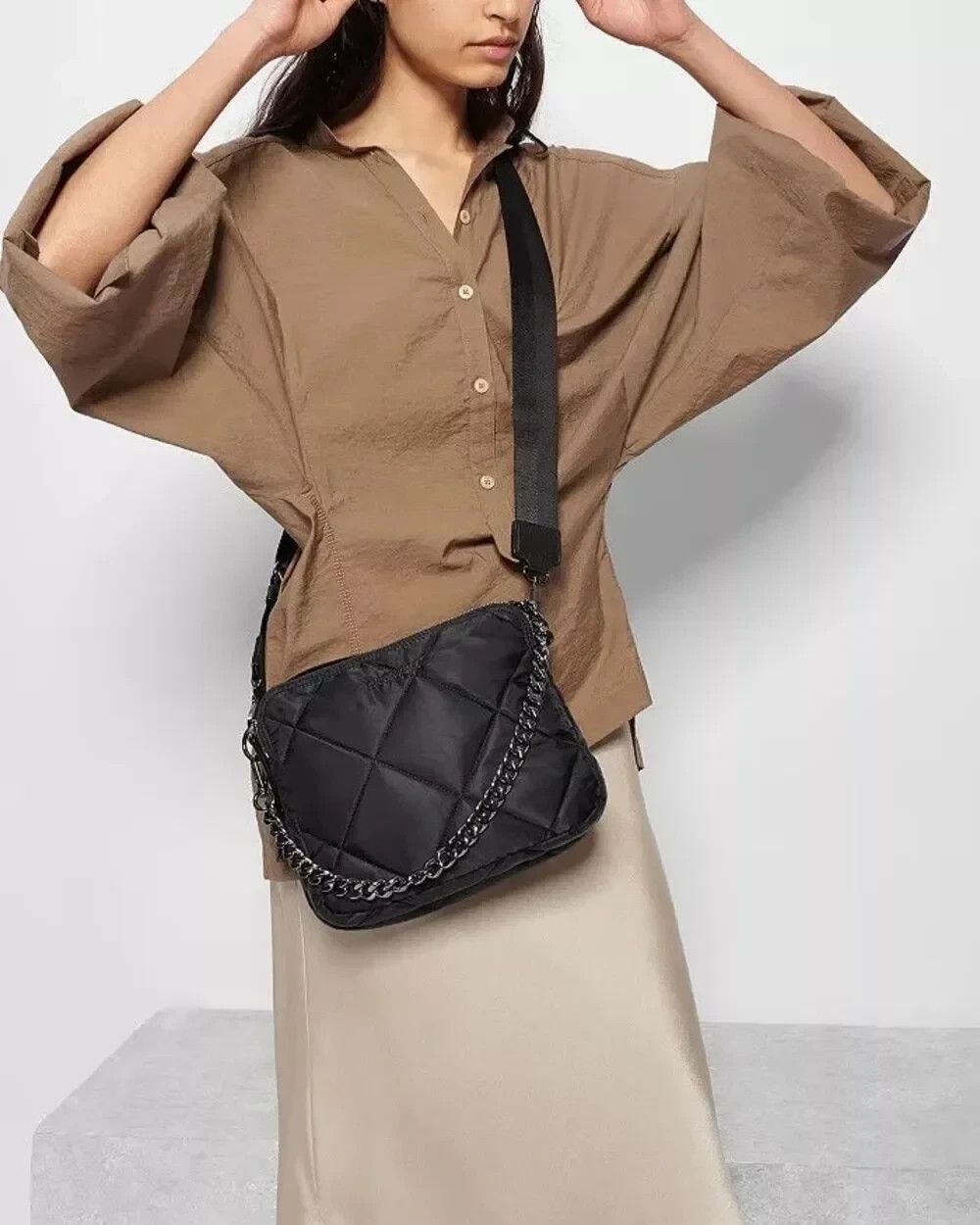 NEW MZ Wallace Bowery Quilted Nylon Crossbody Bag Black Gunmetal $275